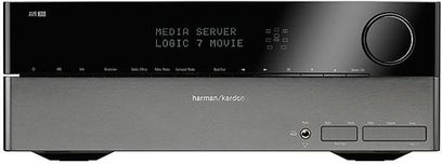 Harman Kardon AVR 355 zwarte home cinema-versterker, voorkant, vooraanzicht, blauwe display, zilveren knoppen en draaiknop