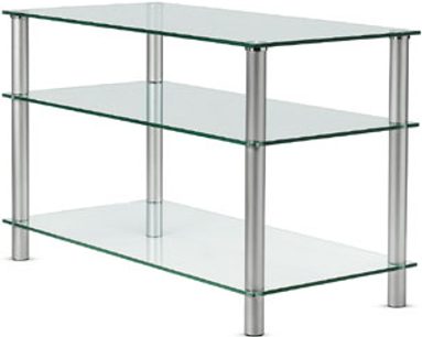 Vogel's BFP90 transparent glasaudio-/videomøbel med 3 rektangulære hylder og 4 cylindriske sølvfarvede metalben