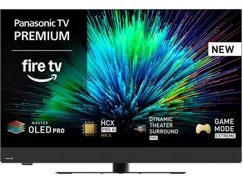 Panasonic TV-48Z90B svart högupplöst TV, platt OLED-skärm med tunn plastkant, tygklädd soundbar nedtill, centrerat metallstativ, sedd framifrån