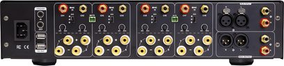 Amplifikátor Nuprime MCX-800MZ černý, přední panel s 8 kanály, audio vstupy/výstupy a ovládací prvky