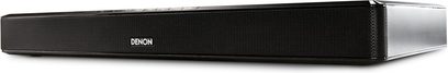 Denon DHT-T100 sort soundbar, set forfra, aflang rektangulær form, sort gitter over hele forsiden