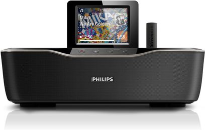 Philips NP3700 sort radio set forfra med farveskærm, der viser albumcoveret "We Are Golden" af Mika, knapper på toppen