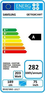 Energimærke for en Samsung QE75Q8CAMT-tv, der angiver energiklasse A og et årligt energiforbrug på 282 kWh