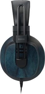 Fostex T60RP Mk2 Ai hi-fi-hovedtelefoner, lukket ørekop i blå træ og sort læderhovedbøjle set fra siden
