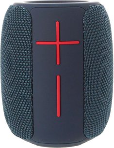 Bluetooth-højttaler Yourban Getone 25 blå, set forfra, tekstureret overflade, røde knapper i kryds, cylindrisk form