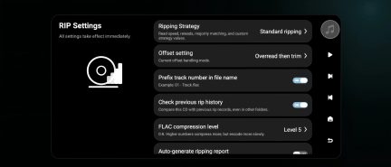 RIP settings screen with extraction strategy, offset, FLAC level 5, and history options enabled