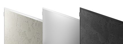 Decoratieve wandpanelen in drie afwerkingen wit met structuur, glad grijs en zwart met structuur, schuin gezien