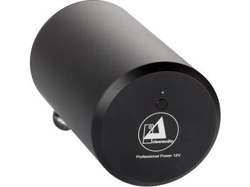 Alimentatore esterno cilindrico nero, vista prospettica, logo e testo "Professional Power 12V" sul lato anteriore, spia blu