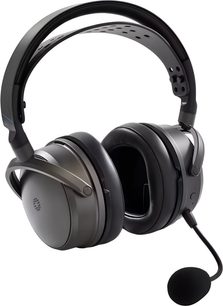 Audeze Maxwell 2 gamingheadset til PlayStation i antracit-sort med bommikrofon og dobbelt hovedbøjle, set i trekvart profil