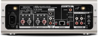 Denon DRA-100 stereo hi-fi forstærker, forsiden i sølvfarvet, forskellige tilslutninger og knapper, digitalt display
