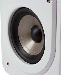 Polk Audio S15e baltų knygų lentynų garsiakalbis, priekinis artimas vaizdas, juodas garsiakalbis ovaliame baltame korpuse
