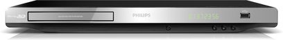 Philips BDP3280 4K Blu-ray-afspiller set forfra, sort, grøn LED-skærm, knapper og stik på forsiden