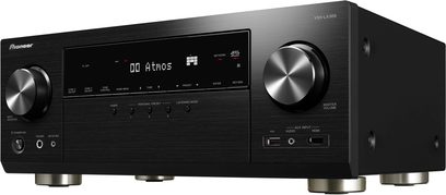 Pioneer VSX-LX305 sort hjemmebiografsforstærker, set forfra, sort front med LCD-skærm, sølvfarvede knapper og drejeknapper