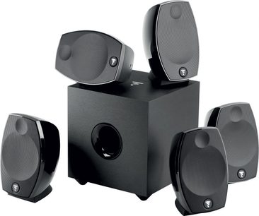 Focal Sib Evo 5.1 sort kompakt højttalerpakke, 5 satellitter og 1 kubisk subwoofer, set forfra