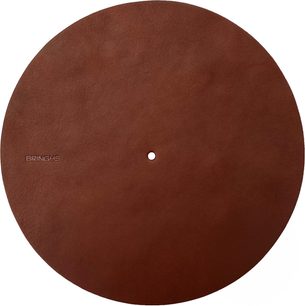 Turntable platter cover Bringhs, textured chestnut, circular, top view, central hole, uniform surface, Bringhs inscription