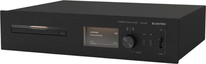 Lecteur CD Unitra CSH-801 noir, façade métal brossé, vue trois-quarts avant, fente de chargement, écran, molette, boutons