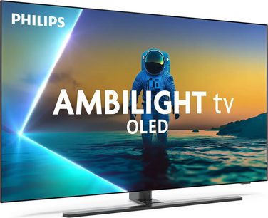 Telewizor Philips 65OLED850 czarny z ultracienką metalową ramką na płaskiej, centralnej, szarej metalowej podstawie, widok z prawego przedniego trzech czwartych
