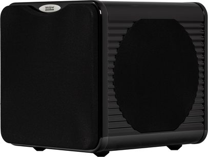 Velodyne MicroVee X sort subwoofer set i trekvart vinkel med sort front og riflet sidepanel