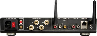 Bagudsigtsbillede af den sorte Nuprime Omnia A-200 stereo hi-fi-forstærker med audio-tilslutninger og strømforsyning