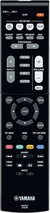Black Yamaha RX-V483 titanium remote control, front view, with buttons and adjustment knobs for home theater amplifier