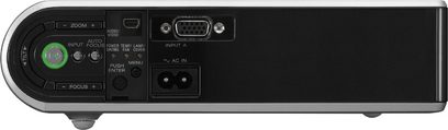Sony VPL-CS21 videoprojektor, bagside, audio/video-tilslutninger, kontrolknapper, digitalt display, sort farve