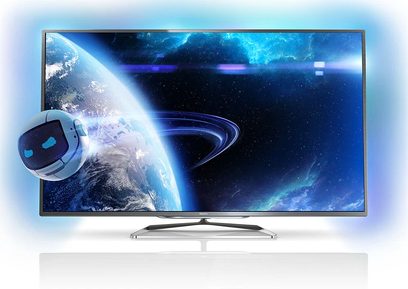 Philips 65PFL9708S fladskærms-tv, der viser et billede af rummet med en planet og lysende blå ringe