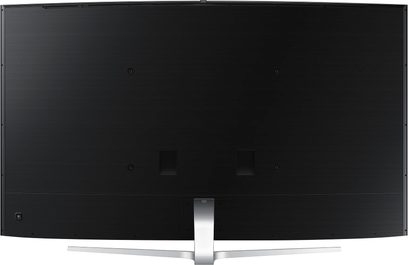Samsung UE65JS9500 sort fladskærms-TV, forfra, slukket, på sølvfarvet metalstativ