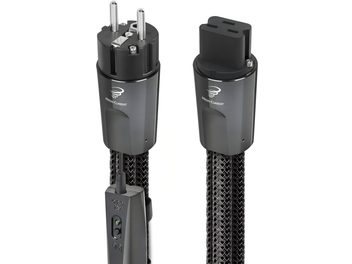 Audioquest Tornado 72V DBS C19 strømkabel med høj strøm, 3 m i sort flettet nylon, cylindriske stik i antracitgrå plast med Schuko-stik og IEC C19-tilslutning, DBS 72V batterimodul med integreret grønt indikatorlys, nærbillede