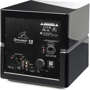 Dynamo 10 subwoofer i sort lak, bagvinkelvisning, sort tilslutningspanel med hvide inskriptioner og stik.