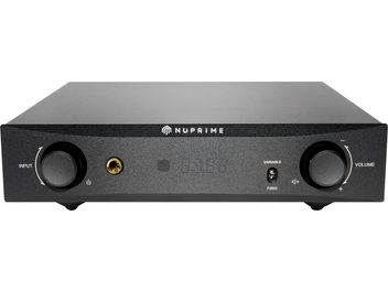 Preamplificatore stereo Nuprime PRA-9X nero, vista frontale, con prese jack e manopole di regolazione sul pannello frontale