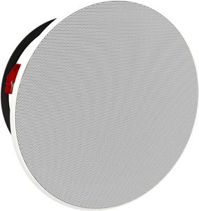 Vestavný reproduktor Bowers & Wilkins CCM7.5 S2, pohled zepředu, bílá perforovaná kruhová mřížka, červený centrální tweeter