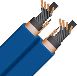 Stratus 10 Power strømkabel 1m, blå kappe, snoede kobberledere, sorte isolatorer og synlige stik.