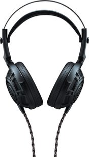 Cuffie Hi-Fi cablate aperte Yamaha YH-5000SE nere in metallo e similpelle, vista frontale, doppio archetto, griglie, cavi intrecciati