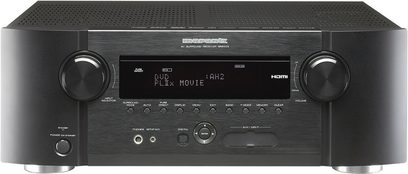 Marantz SR5003 sort home-cinema-forstærker set forfra, blåt display, knapper og stik på forsiden