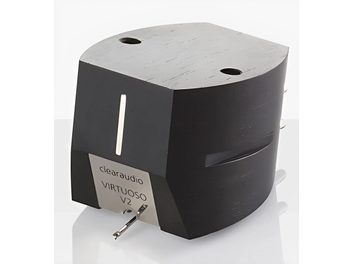 Cellula fonorivelatore per giradischi ClearAudio Virtuoso v2 nera ottagonale in legno, due fori rotondi, etichetta bianca