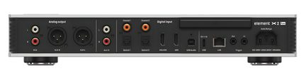 Boîtier audio element X2 Pure en aluminium argent, vue arrière, panneau noir affichant sorties XLR et RCA, entrées coaxiales et optiques, ports HDMI IIS LVDS et ARC, USB‑B et USB‑A, RJ45, prises trigger et embase secteur IEC, pieds circulaires métalliques apparents