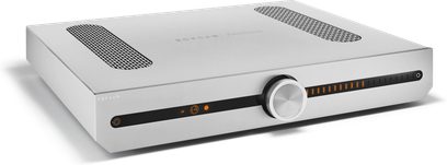 Amplificatore hi-fi stereo Roksan Attessa INT argento, pannello frontale con pulsanti, manopola, presa per cuffie e display LED