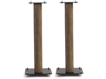 Two Norstone Stylum 3 speaker stands made of solid oak, cylindrical, slender, with metal plates at the ends