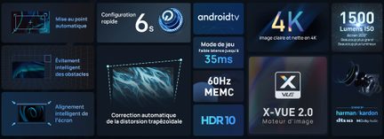 Skærm med visning af tekniske specifikationer for en 4K HDR10-tv med 35 ms game-tilstand og X-VUE 2.0 billedmotor