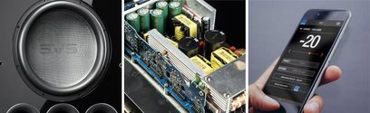 SVS PB-4000 sort lakeret baskabin, elektronisk printplade, mobiltelefon der viser "-20" og "VOLUME"