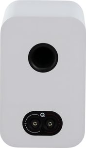 Q Acoustics 3020c bookshelf speaker, matte white composite cabinet with a smooth surface, rear view showing a centrally positioned black circular bass-reflex port and a recessed dual terminal marked + and -
