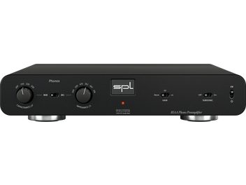 Předzesilovač SPL Phonos v černé barvě s předním panelem obsahujícím 2 otočné knoflíky, 3 přepínače, 1 kontrolku a 1 centrální logo