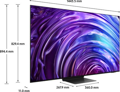 Samsung TQ65S95D 2024 TV set forfra, tændt skærm der viser lilla og blå snoninger, dimensioner angivet
