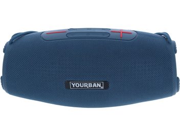 Bluetooth-kõlar Yourban Getone 45 sinine, eestvaade, silindrikujuline, tekstuuriga kangas, juhtnupud peal
