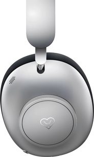Hi-fi-hörlurar Loewe Leo silvergrå, närbild på hörselkåpa med svart bygel och sidomonterat cirkulärt reglage