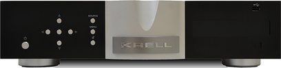 Krell Vanguard stereo hi-fi forstærker, set forfra, børstet aluminiumsfacade, sorte knapper og stik, central display