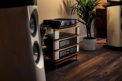 Wzmacniacz Naim Audio NAP 250 w kolorze czarnym, widok z przodu, 4 drewniane półki, 2 głośniki, zielona roślina