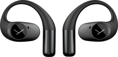 Beyerdynamic Amiron 200-hörlurar i svart plast, vy framifrån, mjuka öronkrokar, rund logotyppuck