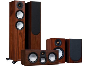 Monitor Audio Silver 200 7G Säulenlautsprecherset in Nussbaumholz mit zwei kompakten Lautsprechern und einem Subwoofer, Frontansicht