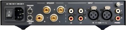 Nuprime IA-9XG integreret stereoforstærker sort, bagfra med højttalerterminaler, RCA-, XLR- og phono-indgange